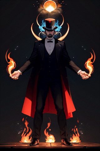 "A mad magician spreading his magic like mad." A magician in a frock coat suit and top hat, making frantic movements with his arms and hands as he conjures flames of fire and other magical illusions, all under a dark, glittering sky and a wooden stage of a wooden stage.