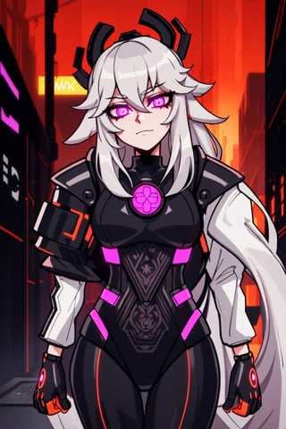 (best quality,  masterpiece),  aesthetic,  2 tone,  gold and black,  simplified shapes, visual novel  style,  dark pop color,  a futuristic black and red thick armor suit,  glowing body part,  glowing,  light reflection,  vivid colors,  glitch,  bokeh,  blurry_light_background,  Movie Still,  neon light on armor,  Mechanical part,  long silver hair,  ((neon_eyes)),  tattoos,  highly detailed,  ultra detailed,  very intricate,shoka (twewy),Shadman,yunjindef,Yae miko
