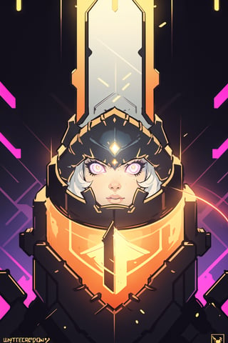 (best quality,  masterpiece),  aesthetic,  2 tone,  gold and black,  simplified shapes,  style of Overwatch game,  dark pop color,  a futuristic gold and red thick armor suit,  glowing body part,  glowing weapon laser canon,  light reflection,  vivid colors,  glittery light,  bokeh,  blurry_light_background, Movie Still,  neon light on armor , Mechanical part,  short white_hair,  ((neon_eyes)),  tattoos,  highly detailed,  ultra detailed,  very intricate,  surreal,  Kanji,  Katakana,shoka (twewy),Shadman,retro,inksketch,JAR,hackedtech,Yae miko,tarot,Concept art