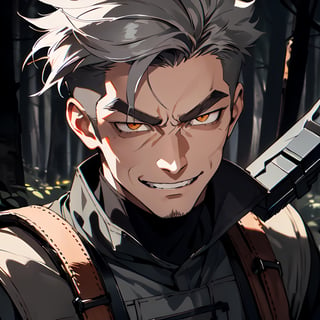(Hunter clothing),  (short gray hair),  (short hairstyle),  brown_eyes,  bright eyes,  hunter style custom,  (Assassin's eyes), (maniac smile) ,  sharpest quality,  extremely detailed,  high resolution, 1 man,  (satisfied_expression),  (agresive_attitude),  dark forest background,  bright atmosphere.