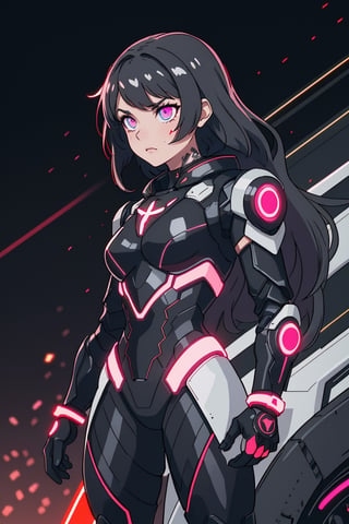 (best quality,  masterpiece),  aesthetic,  2 tone,  gold and black,  simplified shapes, visual novel  style,  dark pop color,  a futuristic black and red thick armor suit,  glowing body part,  glowing,  light reflection,  vivid colors,  glitch,  bokeh,  blurry_light_background,  Movie Still,  neon light on armor,  Mechanical part,  long silver hair,  ((neon_eyes)),  tattoos,  highly detailed,  ultra detailed,  very intricate,