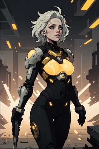 (best quality,  masterpiece),  aesthetic,  2 tone,  gold and black,  simplified shapes,  style of Overwatch game,  dark pop color,  a futuristic gold and red thick armor suit,  glowing body part,  glowing weapon laser canon,  light reflection,  vivid colors,  glittery light,  bokeh,  blurry_light_background, Movie Still,  neon light on armor , Mechanical part,  short white_hair,  ((neon_eyes)),  tattoos,  highly detailed,  ultra detailed,  very intricate,  surreal,  Kanji,  Katakana