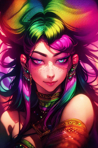 (bohemian chic),  (rainbow hair),  (wild hairstyle),  green_eyes,  enigmatic eyes,  psychedelic style custom,  (mysterious eyes),  top quality,  super detailed,  close-up,  dynamics smiles,  (playful expression),  (carefree attitude),  enchanted forest background,  mystical atmosphere.