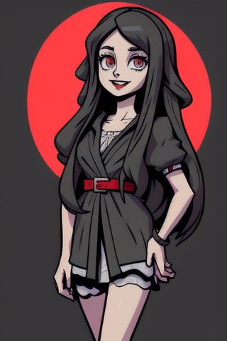 anime style, 1girl, (modern clothing), (light_gray long hair:1.3), (long hairstyle:1.4), red eyes, detailed eyes, 1 woman, (bright eyes), best quality, extremely detailed, HD, 8k, 1 girl, ((evil_smile)), ((evil eyes)), dark landscape, gothic background,retro, hair super detailed, skin detailed, intricate detailed, 8k, UHD, master piece,shoka (twewy)