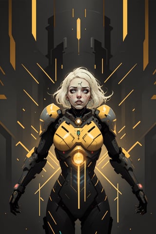 (best quality,  masterpiece),  aesthetic,  2 tone,  gold and black,  simplified shapes,  style of Overwatch game,  dark pop color,  a futuristic gold and red thick armor suit,  glowing body part,  glowing weapon laser canon,  light reflection,  vivid colors,  glittery light,  bokeh,  blurry_light_background, Movie Still,  neon light on armor , Mechanical part,  short white_hair,  ((neon_eyes)),  tattoos,  highly detailed,  ultra detailed,  very intricate,  surreal,  Kanji,  Katakana,shoka (twewy),Shadman,retro