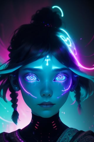 Photography, realistic,humanoid  ghostly, girl ghost,  glowing body spectrum, female,  Intricate phantom Features,  Scary Face,  Dreadlocked Hair,  Long Bangs,  Long Ponytail,  Neon Teal,  Dark neon Eyes,  Indian Art,Lofi,bigbyTWAS_soul3142,t0r3t0,High detailed 