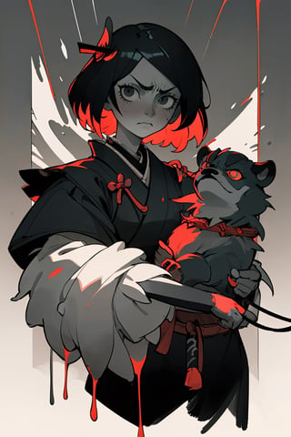 (best quality,  masterpiece),  samurai monster,  1girl,  holding leash,  dark mood,  color pop theme