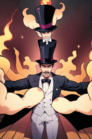 "A mad magician spreading his magic like mad." A magician in a frock coat suit and top hat, making frantic movements with his arms and hands as he conjures flames of fire and other magical illusions, all under a dark, glittering sky and a wooden stage of a wooden stage.