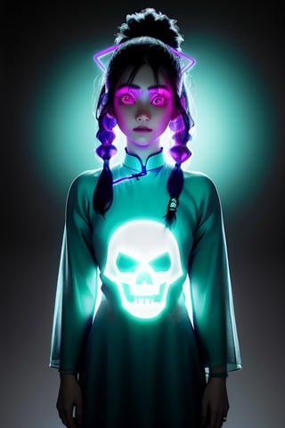 Photography,  realistic, humanoid  ghostly,  girl ghost,  glowing body spectrum,  female,  Intricate phantom Features,  Scary Face,  Dreadlocked Hair,  Long Bangs,  Long Ponytail,  Neon Teal,  Dark neon Eyes,  Indian Art, Lofi, bigbyTWAS_soul3142, t0r3t0,xjrex,Persona Cut In,aodai