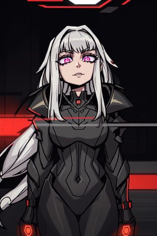 (best quality,  masterpiece),  aesthetic,  2 tone,  gold and black,  simplified shapes, visual novel  style,  dark pop color,  a futuristic black and red thick armor suit,  glowing body part,  glowing,  light reflection,  vivid colors,  glitch,  bokeh,  blurry_light_background,  Movie Still,  neon light on armor,  Mechanical part,  long silver hair,  ((neon_eyes)),  tattoos,  highly detailed,  ultra detailed,  very intricate,shoka (twewy)