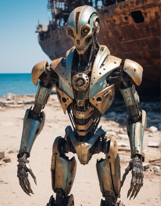  Incredible deteriorated robot with alien appearance, metallic colors on its body, intrinsic details on its armor, defense position, background of an abandoned ship