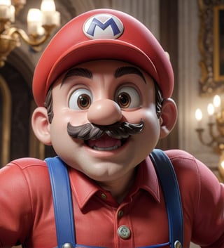 hyper Realistic Mario character from Super Mario Bross, (alien Rococo), vibrant colors, dynamic lighting, ultra detailed texture work, entorno celebracion en mansion, photorealistic, 8k resolution, hyper-detailed lighting, cinematic quality