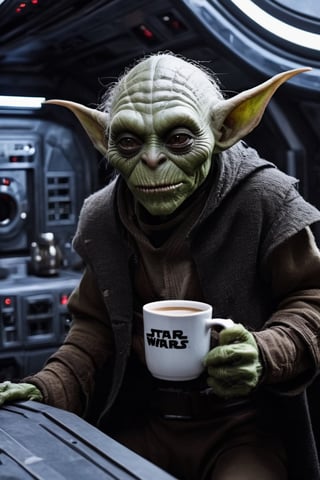 (Sci-fi style), photo full body of a Incredibly terrifying and sinister goblin with creepy appearance, drinking a coffee, mans a ship in space, (Star Wars character), Ultra Detailed skinz, perfect ship environment, (spooky aftmospher), (Photorealistic), sinister colors, halloween