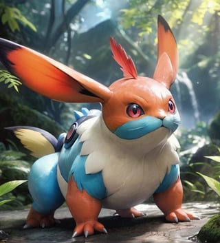 Realistic depiction of a Pokémon creature in a realistic environment, high level of detail, realistic style, vibrant colors, dynamic lighting, detailed texture work, CGI rendering, 4k resolution, inspiration by Satoshi Tajiri and Ken Sugimori, hyper-detailed concept art by Raf Grassetti and RJ. Palmer, cinematic quality, immersive