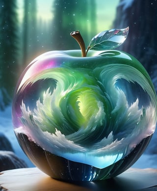 high quality, 8K Ultra HD, aurora scenery inside an apple made of crystal, by yukisakura, high detailed,, best quality, ultra high resolution, detailed, raw photo, (ultra sharp) ,more detail XL,DonM3l3m3nt4lXL