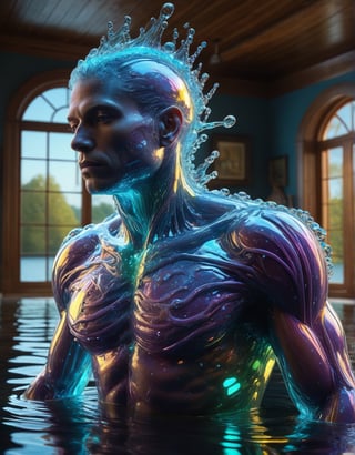 Ultra-realistic, hyper detailed and sharp photographic representation of a majestic body of human creature, in the style of Bioluminescent crystal liquid, vray tracing, raw character, 32k uhd, schlieren photography, conceptual medium body, creating a colorful and contrasting atmosphere, in a lake of a (Antique house), (vivid colors), (perfect contrast),DonMW15pXL