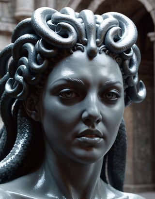 The dark creature made out stone stares at the camera, (Character Medusa), in the style of liquid metal, vray tracing, raw character, 32k uhd, schlieren photography, conceptual portraiture, wet - on - wet blending, (background of an ancient temple), masterpiece, cinematic moviemaker style