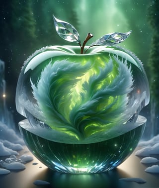 high quality, 8K Ultra HD, aurora scenery inside an apple made of crystal, by yukisakura, high detailed,, best quality, ultra high resolution, detailed, raw photo, (ultra sharp) ,more detail XL,DonM3l3m3nt4lXL