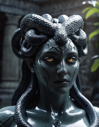 Photorealistic, best quality, The dark creature made out stone stares at the camera, Character Medusa, (snakes on the head), in the (style of liquid metal), vray tracing, raw character, 32k uhd, schlieren photography, conceptual portraiture, wet - on - wet blending, (background of an ancient temple), masterpiece, cinematic moviemaker style