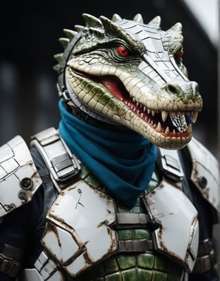 ((Different angles and dynamic Shot)), (hyper-detailed Photography) of a futuristic crocodile soldier with an (ultra-realistic appearance), (Enhancer textures), (Enhancer anatomy), intrinsic details of your skin and a fierce expressionin with white metallic futuristic armor, Distressed and damaged appearance, signs of struggle, (Marvel style), in a dystopian urban setting, (vivid colors), (perfect contrast), (better lightning),cinematic style,more detail XL