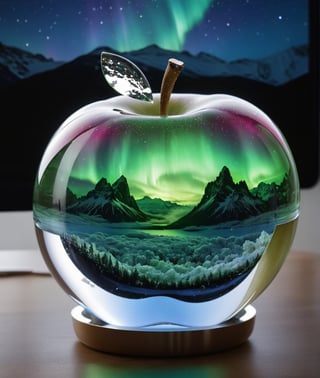 high quality, 8K Ultra HD, aurora scenery inside an apple made of crystal, by yukisakura, high detailed,, best quality, ultra high resolution, detailed, raw photo, (ultra sharp) ,more detail XL,DonM3l3m3nt4lXL,arrstyle,3l3ctronics