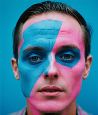 Photograph of a weird man, (shot on Kodak Ektar 100), in the ((style of dot glitch)), anti-realism, (neon pink + blue), style raw, stylized, nijidefinition detailed realism, detailed, skin texture, hyper detailed, realistic skin texture, facial features, armature, best quality, ultra high resolution, detailed, raw photo, ultra sharp 