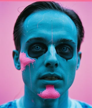 Photograph of a weird man, (shot on Kodak Ektar 100), in the ((style of dot glitch)), anti-realism, (neon pink + blue), style raw, stylized, nijidefinition detailed realism, detailed, skin texture, hyper detailed, realistic skin texture, facial features, armature, best quality, ultra high resolution, detailed, raw photo, ultra sharp 