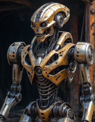 Ultra-realistic, hyper-detailed and very sharp photographic representation of a Incredible deteriorated robot with alien appearance,  (Enhancer textures), (Enhancer anatomy), metallic colors on its body, intrinsic details on its armor, defense position, background of an abandoned ship, (vivid colors), (perfect contrast), (better appearance)