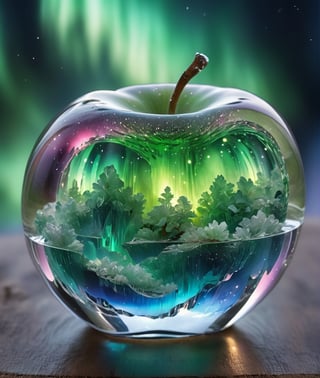 high quality, 8K Ultra HD, aurora scenery inside an apple made of crystal, by yukisakura, high detailed,, best quality, ultra high resolution, detailed, raw photo, (ultra sharp) ,more detail XL,DonM3l3m3nt4lXL,arrstyle