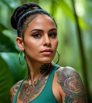 portrait of an beautiful latin woman with tattos, in lush rainforest, bold and energetic colors, urban clothe , Nikon D850, 85mm lens, ((Nature theme)), (masterpiece), ((ultra detailed)), (highly detailed CG illustration), (deadpan), (best quality: 1.2), texture of high quality, intricate details, detailed texture, high quality shadow, cinematic light