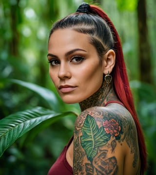 portrait of an woman with tattos, in lush rainforest, bold and energetic colors, urban clothe , Nikon D850, 85mm lens, ((Nature theme)), (masterpiece), ((ultra detailed)), (highly detailed CG illustration), (deadpan), (best quality: 1.2), texture of high quality, intricate details, detailed texture, high quality shadow, cinematic light