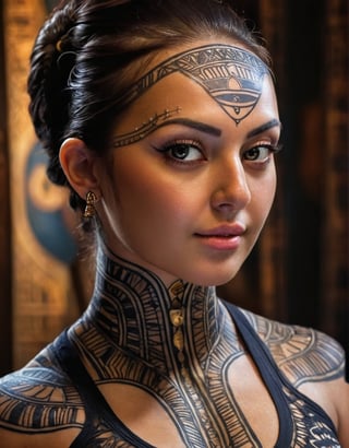 A (striking and highly detailed) portrait (medium shot) from an (original and captivating angle) of a (beautiful Egyptian woman) adorned in (traditional Egyptian attire). The image of her centers on her (intricate tattoo) with (Egyptian motifs) extending gracefully from her (her neck) to her (her face). Hers (soft, golden light) accentuates hers (real features) and hers (elaborate details) (tattoo and clothing), creating a portrait (fascinating and culturally rich).,GlowingTat,Extremely Realistic