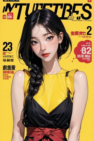 1girl, ((mole under mouth,)) hip up body, lustfully, looking at viewer, styled clothes, different hairstyle, coloful clothes, aespakarina, magazine cover, yellow background, outline,