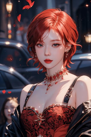 short red hair, 1girl, accessories, piercing, intricate background, fantasy, mythical, misterious, masterpiece, best quality, dynamic angle, cinematic composition, aespawinter,1 girl