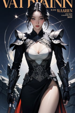 ((arc warior, )) thigh up body, standing, 1girl, looking at viewer, intricate clothes, professional lighting, different hairstyle, coloful outfit, magazine cover, fantasy, ancient, armor, aespakarina, 