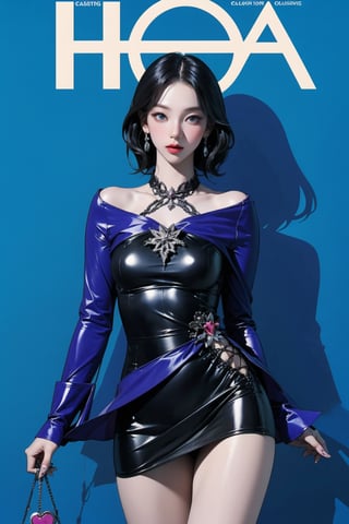((powerful sorceress, casting magic,)) thigh up body, standing, 1girl, looking at viewer, detailed clothes, different hairstyle, coloful clothes, aespakarina, magazine cover, no text, blue background, 