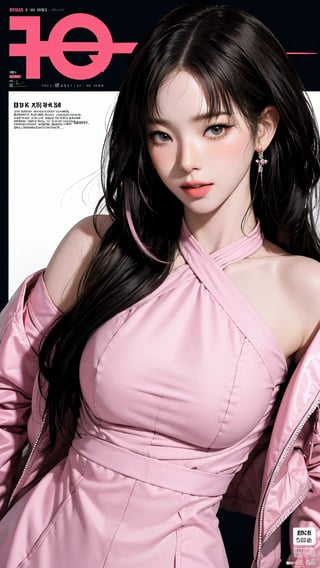 1girl, hip up body, looking at viewer, blush, styled clothes, outline, earings, hairstyle, magazine cover, ultra detailed, best quality, sharp focus, aespakarina,