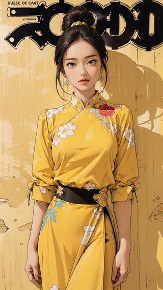 1girl, looking at viewer, thigh up body, sexy and elegant, yellow background, hairstyle, dynamic composition, styled clothes, cutout clothing, shirt, skirt, ultra detailed, best quality, sharp focus, aespakarina, magazine cover, outline, 2D art, chimai,htt,sim,huondey,kn