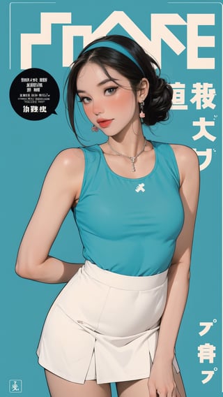 1girl, ((thigh up body, standing,)) magazine cover, outline, 2.5D artstyle, tennis girl outfit, hairband, looking at viewer, earings, blush, cyan background, hairstyle, detailed clothes, sleeveless, ultra detailed, best quality, sharp focus, chimai,