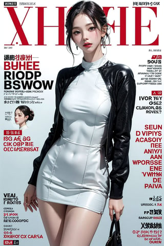 1girl, thigh up body, standing, looking at viewer, styled clothes, hairstyle, aespakarina, magazine cover, earrings, 