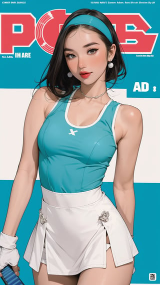 1girl, ((thigh up body, standing,)) magazine cover, outline, 2.5D artstyle, tennis girl outfit, hairband, looking at viewer, earings, blush, cyan background, hairstyle, detailed clothes, sleeveless, ultra detailed, best quality, sharp focus, chimai,
