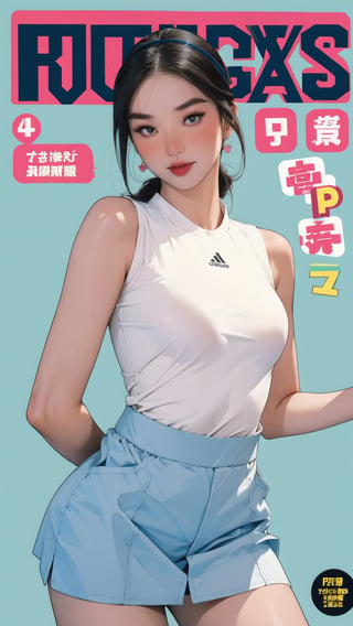 1girl, ((thigh up body, standing,)) magazine cover, outline, 2.5D artstyle, tennis girl outfit, hairband, looking at viewer, earings, blush, cyan background, hairstyle, detailed clothes, sleeveless, ultra detailed, best quality, sharp focus, chimai,