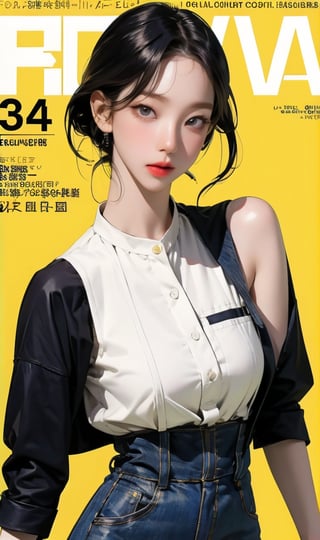 1girl, hip up body, lustful, looking at viewer, styled clothes, different hairstyle, coloful clothes, aespakarina, magazine cover, yellow background, sharp focus, center_opening,