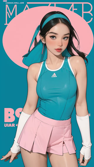 1girl, ((thigh up body, standing,)) magazine cover, outline, 2.5D artstyle, tennis girl outfit, hairband, looking at viewer, earings, blush, cyan background, hairstyle, detailed clothes, sleeveless, ultra detailed, best quality, sharp focus, chimai,