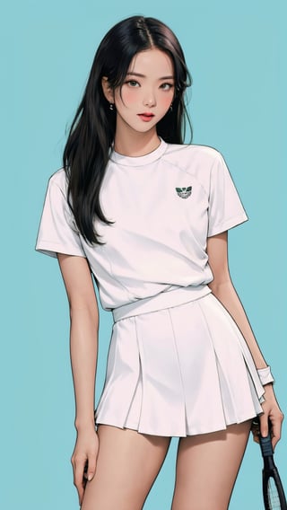 1girl, standing, thigh up body, ((looking at viewer, tennis girl outfit,)) 2D artstyle, magazine cover, outline, earings, blush, green background, hairstyle, ultra detailed, best quality, sharp focus,rosé,jisoo