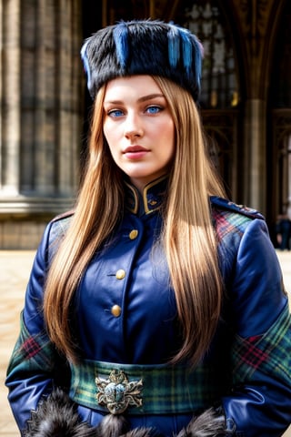 Full body photo of 1i7t713r-smf woman,
Beautiful Female Buckingham Palace King's Guard in blue tartan uniform, kilt, fur hat, leather boots, perfect square face, long blonde hair, vibrant blue eyes, holding traditional Enfield rifle, daylight, high-res, professional photo, royal, detailed facial features, traditional, prestigious, majestic, vibrant colors, historic landmark, ornate details, regal pose, precise details, ceremonial, British, honor guard, vibrant lighting, detailed facial features, detail hands, detail fingers