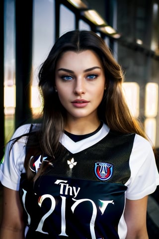 Full body photo of 1i7t713r-smf woman,
(greater details in definitions of face and eyes), clear face, clear eyes, (realistic and detailed skin textures), (extremely clear image, UHD, resembling realistic professional photographs, film grain), a pretty nordic girl wearing a white and grey sports jersey with the text “QATAR AIRWAYS” printed across the front. The person’s face is nordic girl, and she standing against a moss concrete wall. The concrete wall is illuminated by bright sunlight. The person is actually wearing a Paris Saint-Germain (PSG) football team kit with “QATAR AIRWAYS” printed in black text across the front of the jersey. Above the text, there’s a logo consisting of a circle with intricate designs inside it, and below it, there’s Puma’s logo (a jumping cat). One arm of the individual is visible, displaying tattoos on their skin
, ,ruined makeup