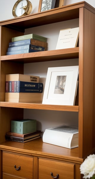 Here's a generated image based on your prompt:

A rectangular frame holds the scene, with a subtle vignette effect to draw attention to the meticulously organized bookshelf. The pristine white wall provides a clean backdrop for the display. Soft, warm lighting emanates from above, casting gentle shadows on the wooden shelves and brass accents.

The top shelf features the red-striped object leaning against the wall, adjacent to the antique camera with bellows that catches the light. The ornate frame holding an enigmatic illustration or document adds a touch of mystery. 

Middle Shelf: A stack of books with titles like THE ART OF THE ENGINEER and ARCHITECTURE sits on the left, alongside a vintage radio with dials reminiscent of bygone eras. Another stack of design-related books stands nearby, accompanied by a small sculpture or decorative piece.

Bottom Shelf: Two green glass vases sit side by side, flanked by a colorful book with partially visible yellowed pages and an open journal or notebook. A meticulously crafted model sailboat graces the shelf's far right corner.

Cabinetry: Below the shelves, two closed white cabinets rest unblemished, their secrets waiting to be uncovered.

Composition: The scene is framed to focus attention on the bookshelf's organized chaos, with negative space around the edges to create a sense of depth and invitation.