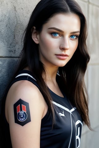 Full body photo of 1i7t713r-smf woman,
(greater details in definitions of face and eyes), clear face, clear eyes, (realistic and detailed skin textures), (extremely clear image, UHD, resembling realistic professional photographs, film grain), a pretty nordic girl wearing a white and grey sports jersey with the text “SEXXX” printed across the front. The person’s face is nordic girl, and she standing against a moss concrete wall. The concrete wall is illuminated by bright sunlight. The person is actually wearing a Paris Saint-Germain (PSG) football team kit with “MANY” printed in black text across the front of the jersey. Above the text, there’s a logo consisting of a circle with intricate designs inside it, and below it, there’s Puma’s logo. One arm of the individual is visible, displaying tattoos on their skin
, 