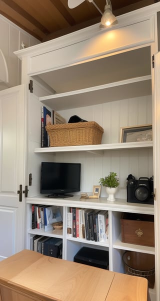 Here's a prompt for generating an image based on the scene:

Create an image of a meticulously organized bookshelf against a pristine white wall, featuring a unique arrangement of items including a red-and-white striped object, antique camera, ornate frame, vintage radio, mysterious sculpture, green glass vases, open book, and model sailboat. The cabinets below are closed, while exposed black wiring hangs above as track lighting. Capture the intellectual curiosity and nostalgia in this space, inviting exploration and discovery.